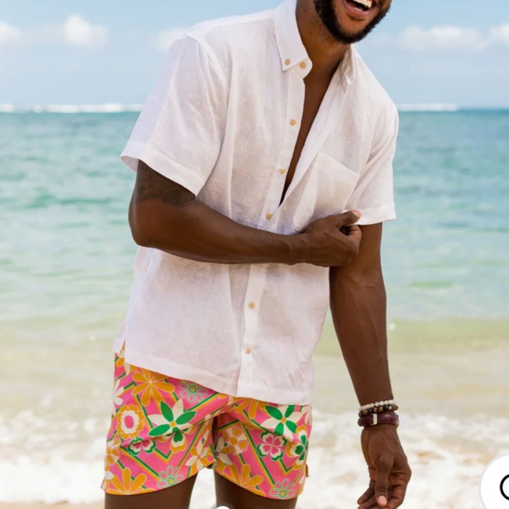 NWT! MEN’S KENNY FLOWERS CASA BLANCA - SHORT SLEEVE WHITE LINEN SHIRT - SIZE L